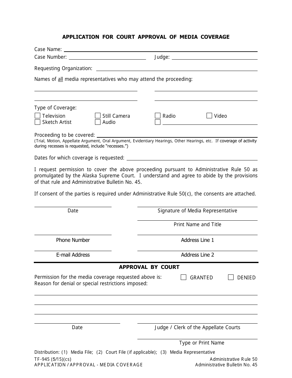 Form TF-945 Application for Court Approval of Media Coverage - Alaska, Page 1