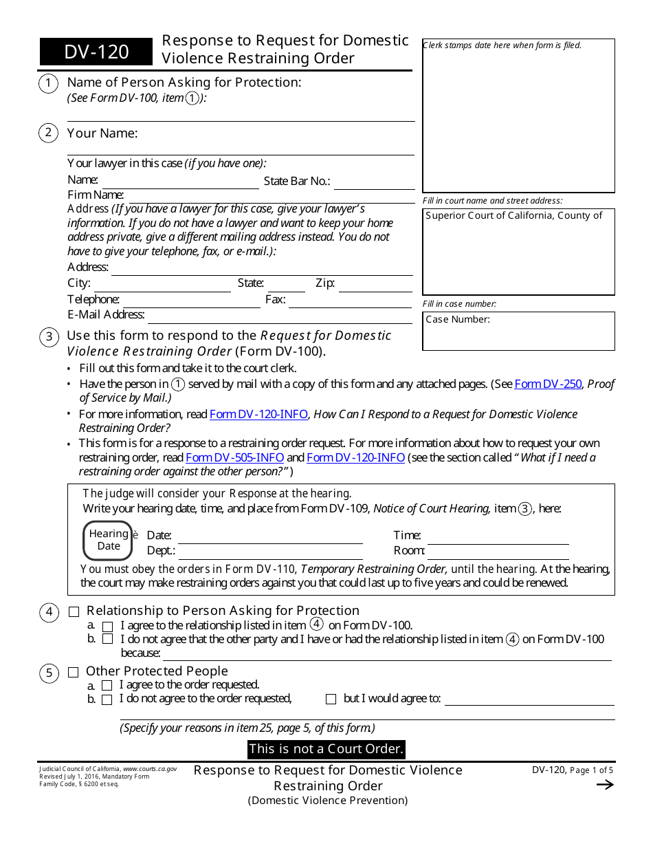 Form DV-120 Response to Request for Domestic Violence Restraining Order - California, Page 1