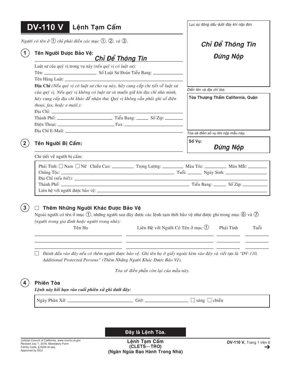 Form DV-110 V Temporary Restraining Order - California (Vietnamese), Page 1