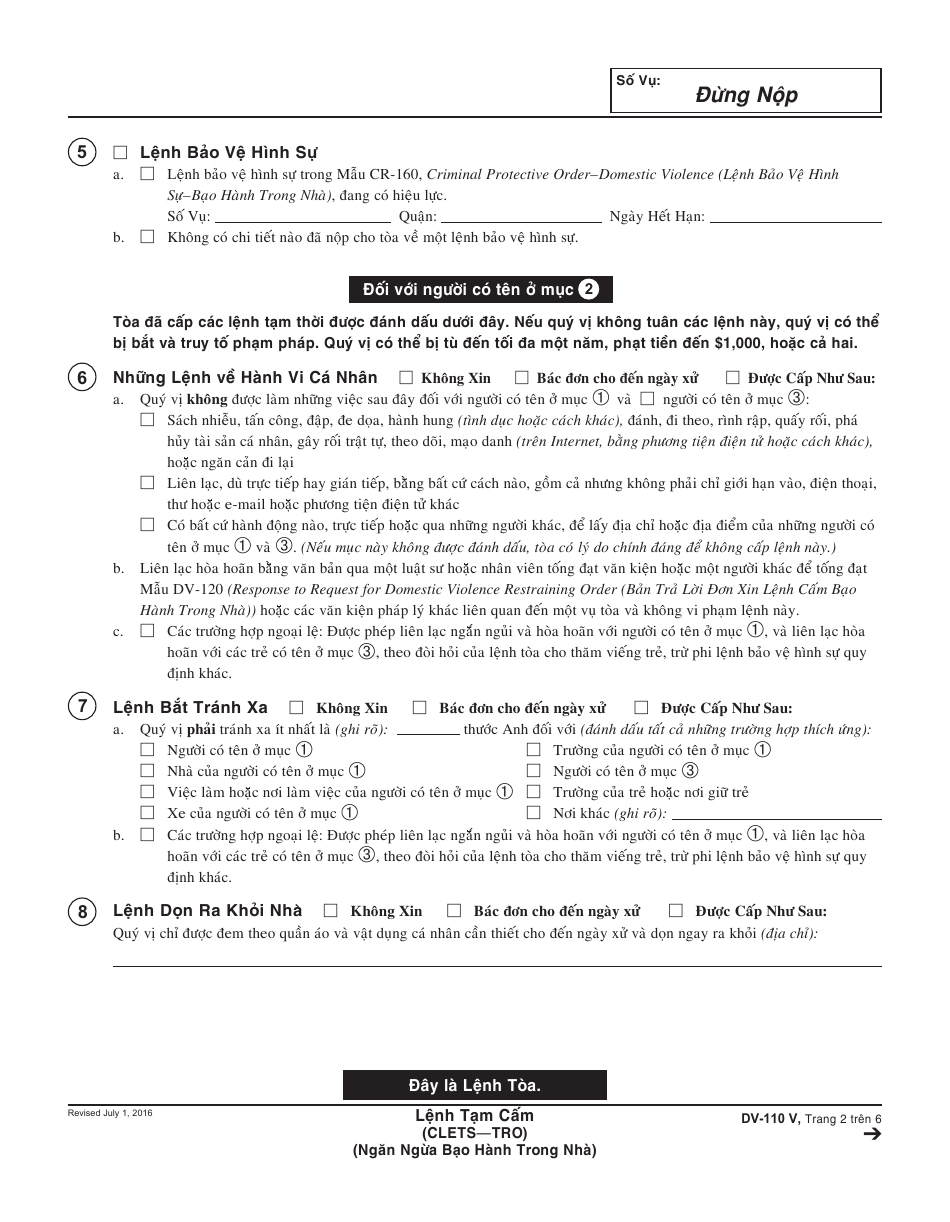 Form DV-110 V Temporary Restraining Order - California (Vietnamese), Page 2