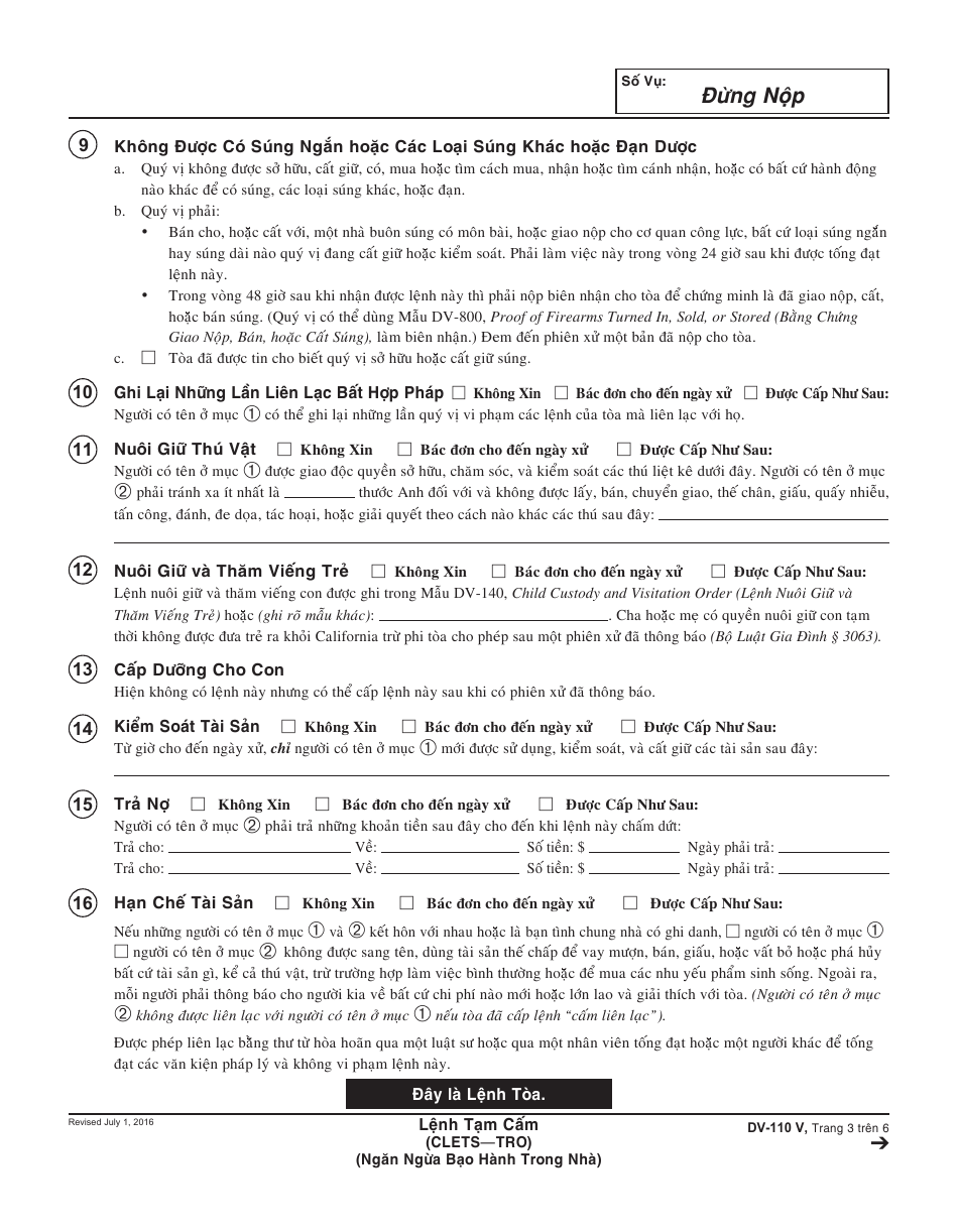 Form DV-110 V Temporary Restraining Order - California (Vietnamese), Page 3