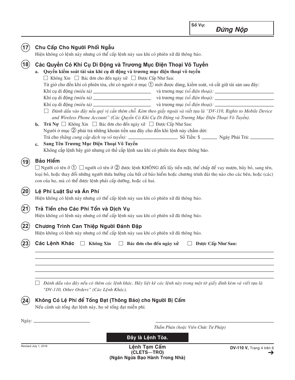 Form DV-110 V Temporary Restraining Order - California (Vietnamese), Page 4
