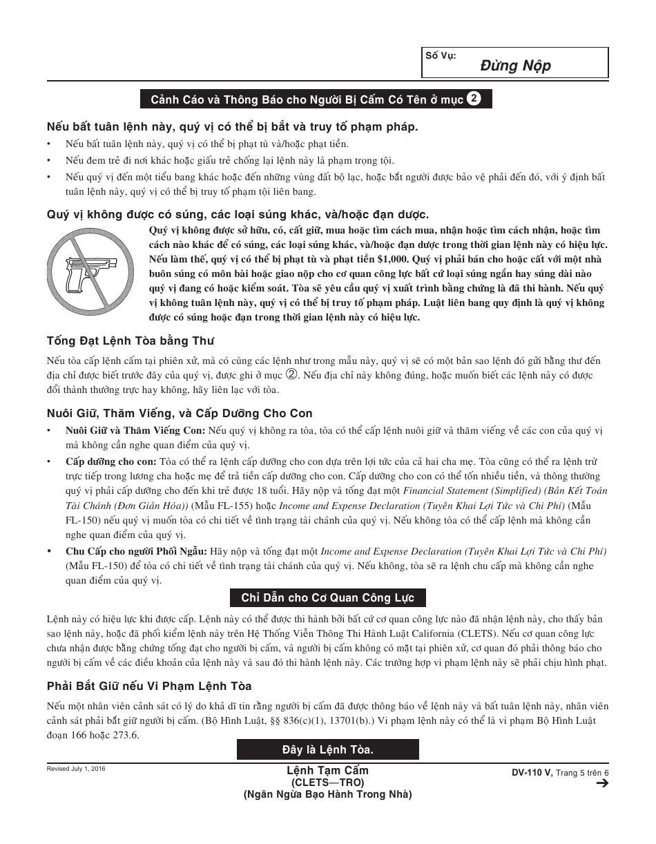 Form DV-110 V Temporary Restraining Order - California (Vietnamese), Page 5