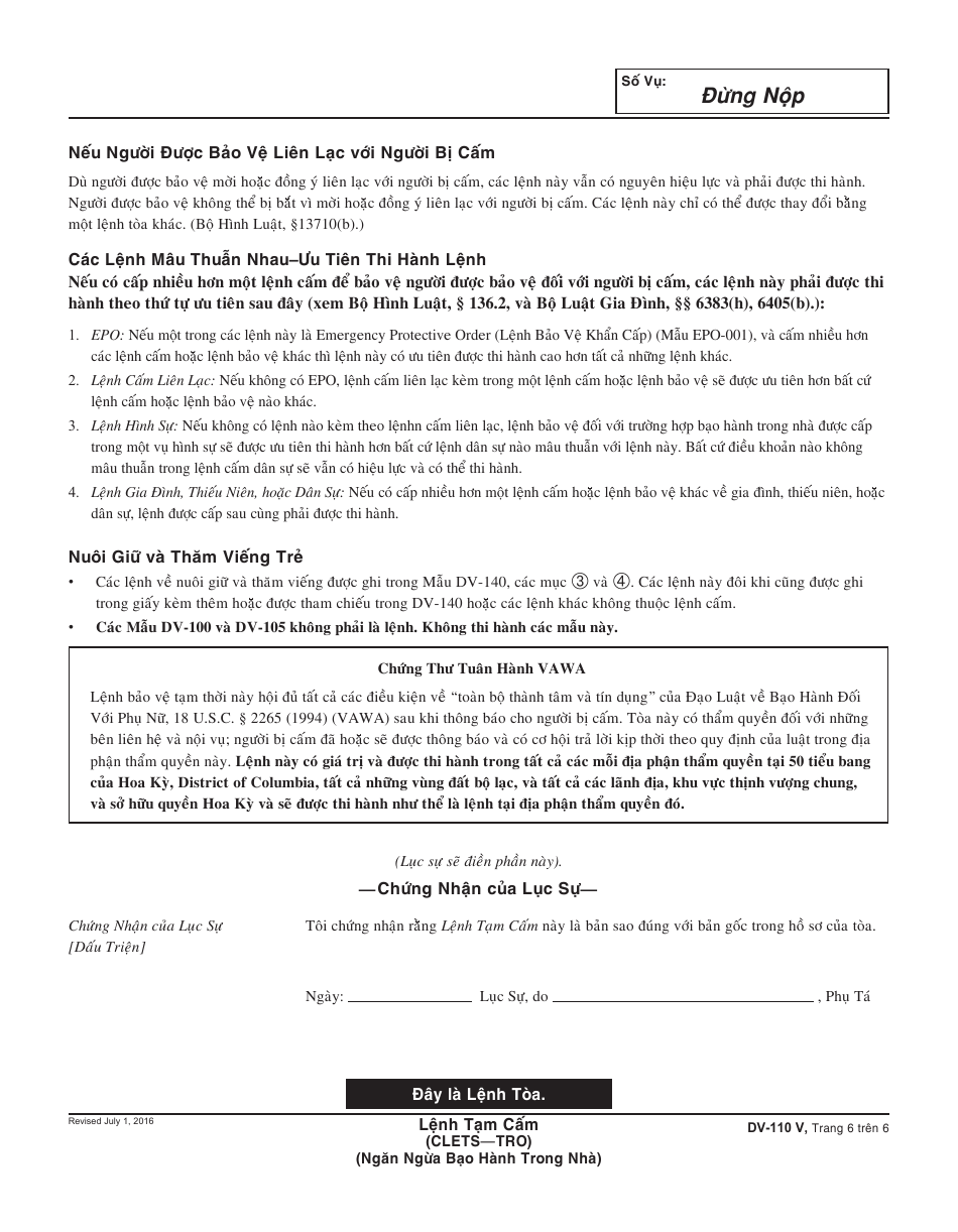 Form DV-110 V Temporary Restraining Order - California (Vietnamese), Page 6