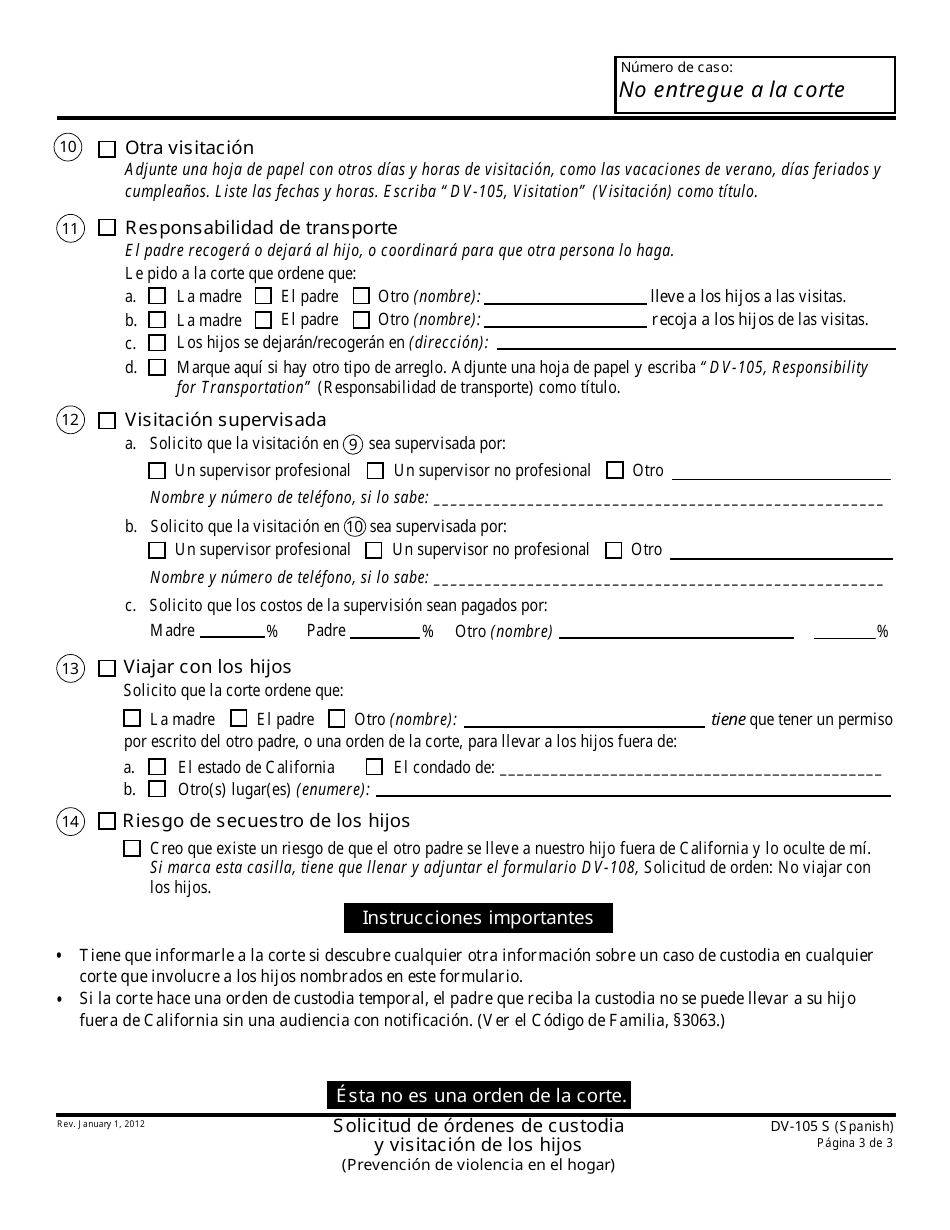 Formulario DV-105 S Solicitud De Ordenes De Custodia Y Visitacion De Los Hijos - California (Spanish), Page 3