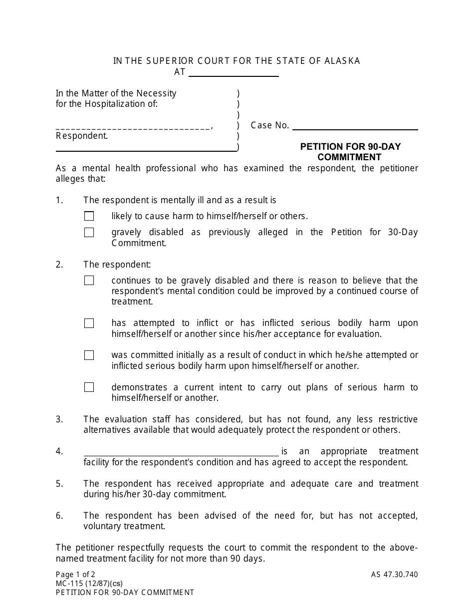 Form MC-115 Petition for 90-day Commitment - Alaska, Page 1