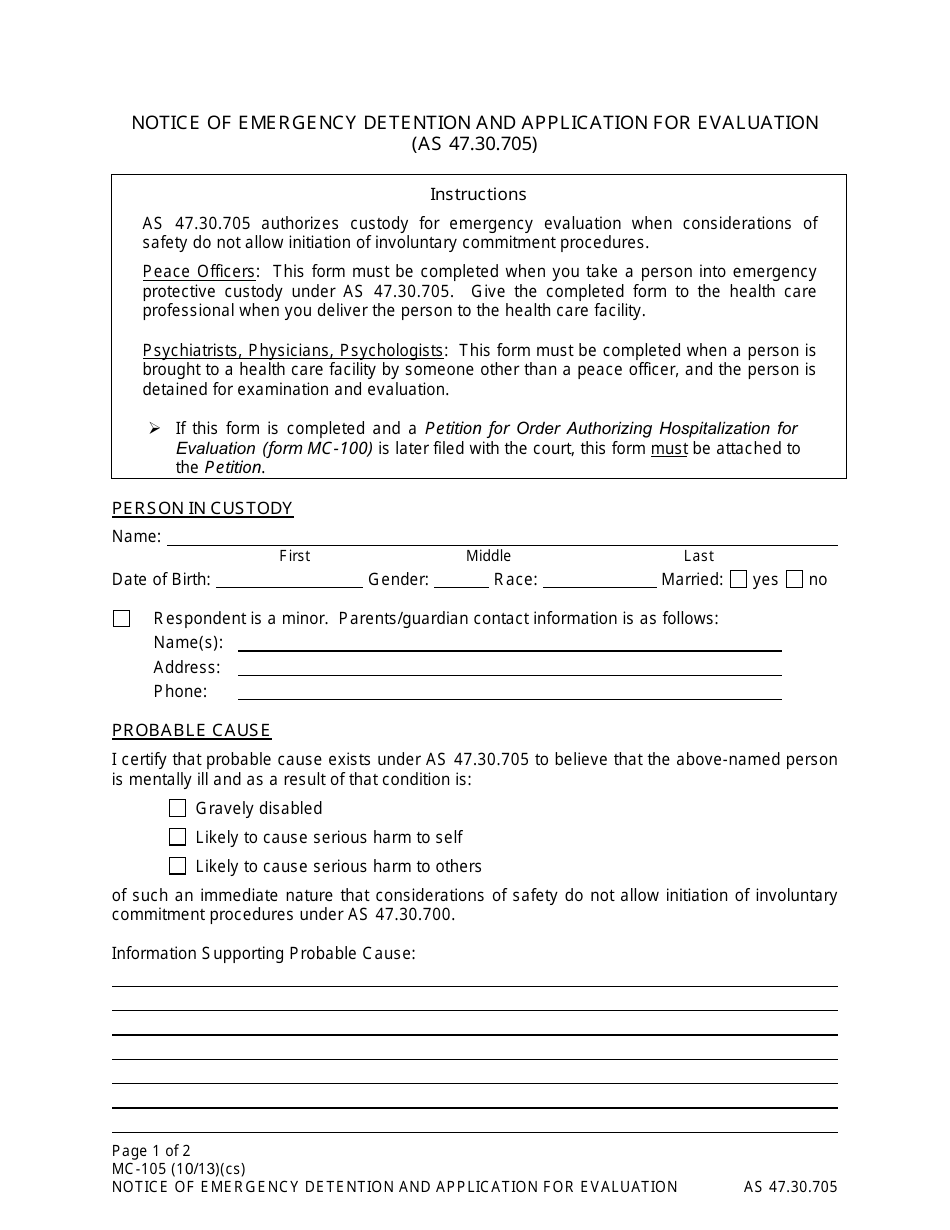 Form MC-105 Notice of Emergency Detention and Application for Evaluation - Alaska, Page 1