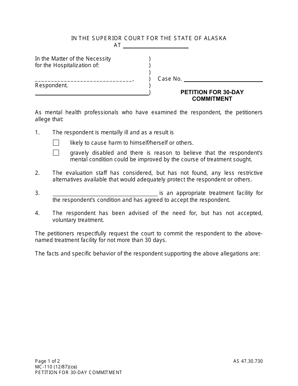 Form MC-110 Petition for 30-day Commitment - Alaska, Page 1
