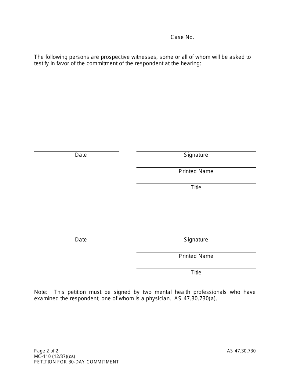 Form MC-110 Petition for 30-day Commitment - Alaska, Page 2