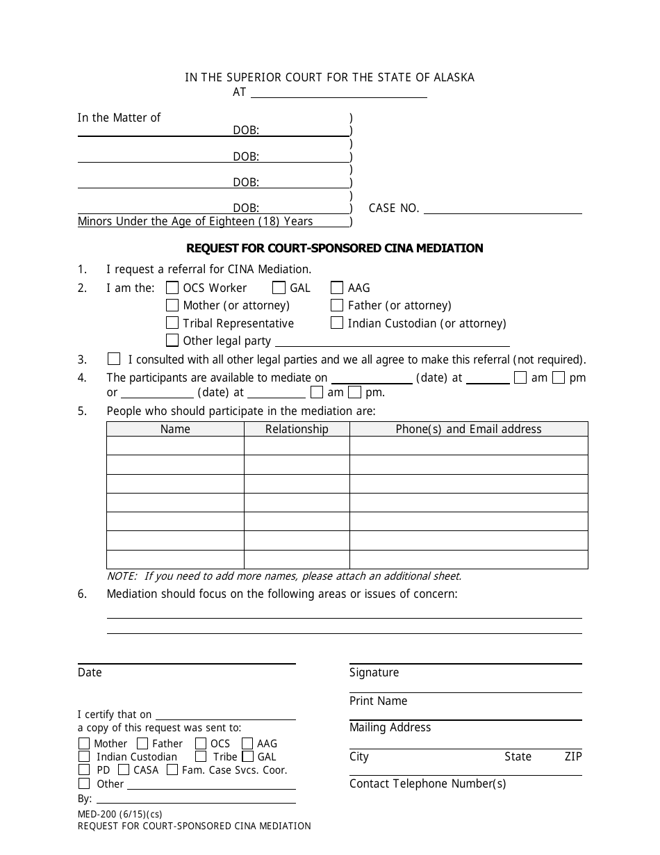 Form MED-200 Request for Court-Sponsored Cina Mediation - Alaska, Page 1