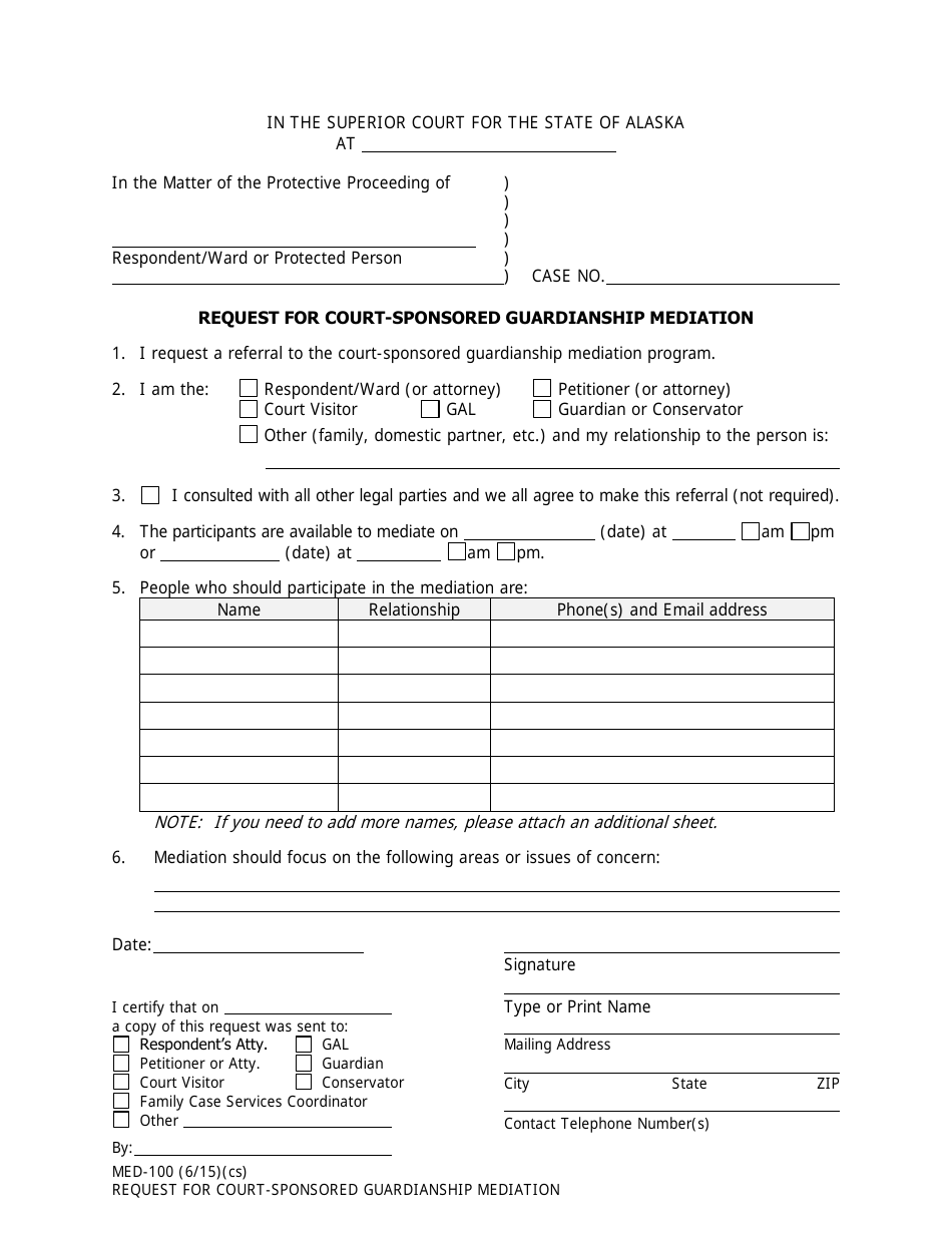 Form MED-100 Request for Court-Sponsored Guardianship Mediation - Alaska, Page 1