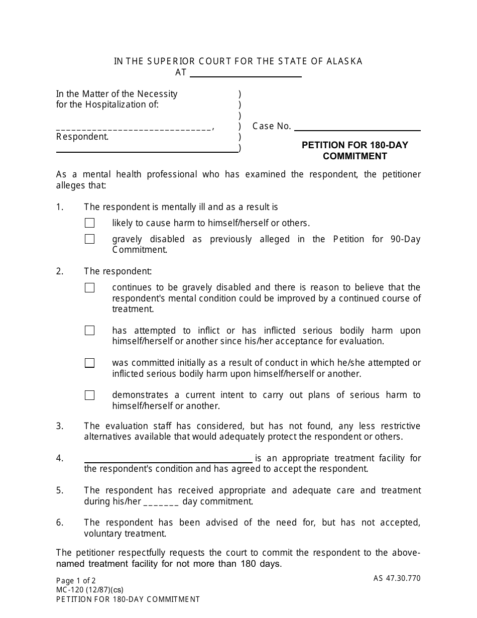 Form MC-120 Petition for 180-day Commitment - Alaska, Page 1