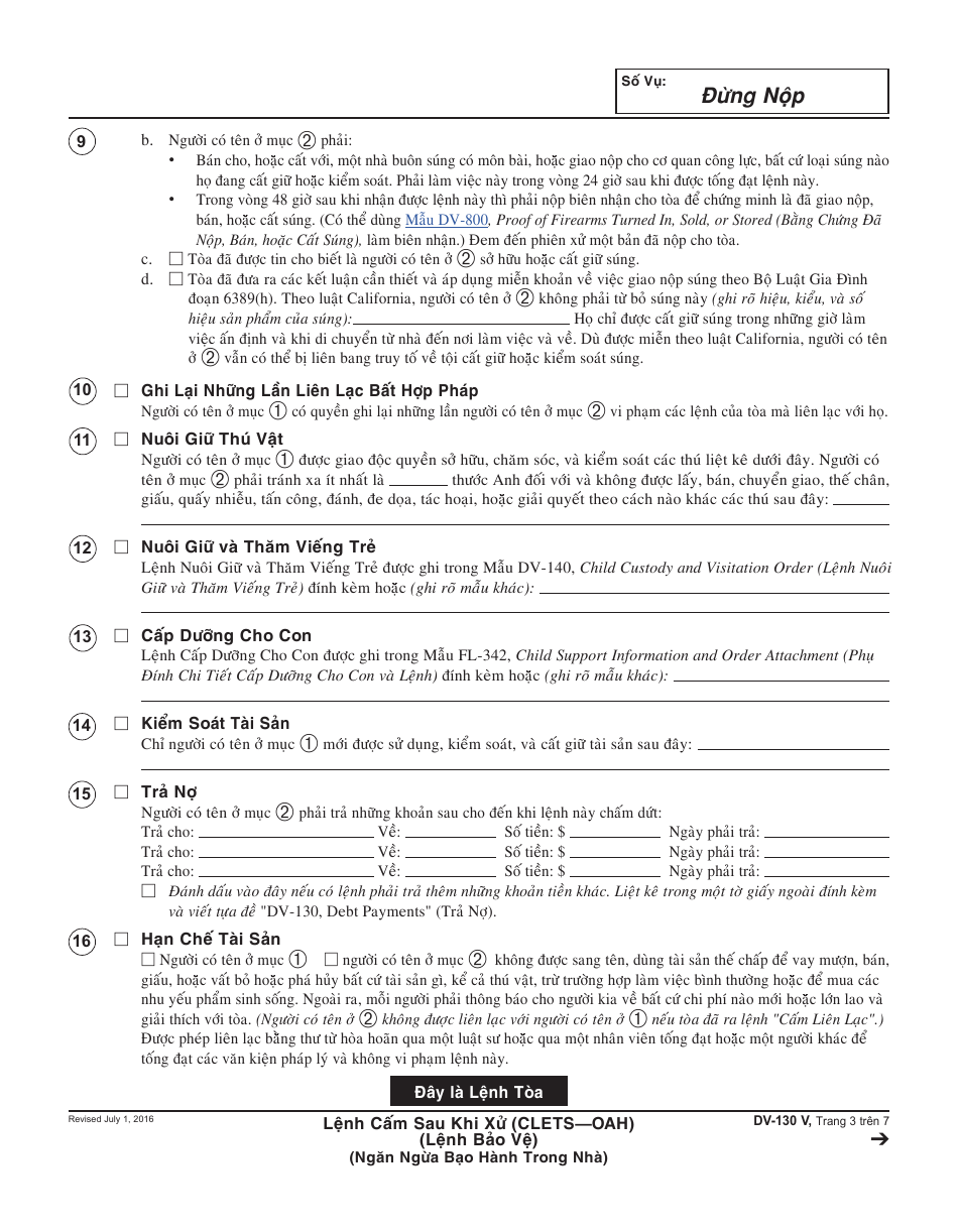 Form DV-130 V Restraining Order After Hearing (Order of Protection) - California (Vietnamese), Page 3