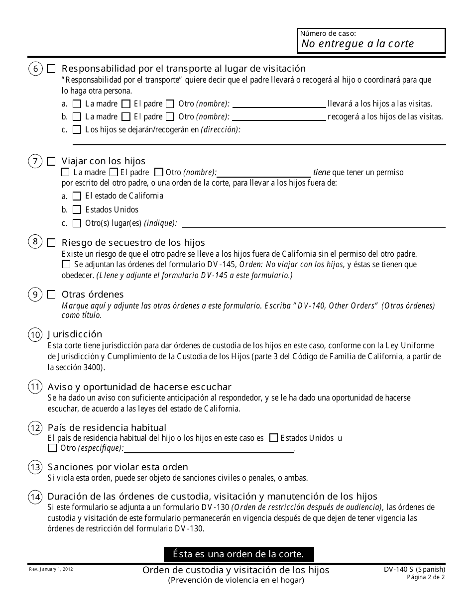 Formulario DV-140 S Orden De Custodia Y Visitacion De Los Hijos - California (Spanish), Page 2