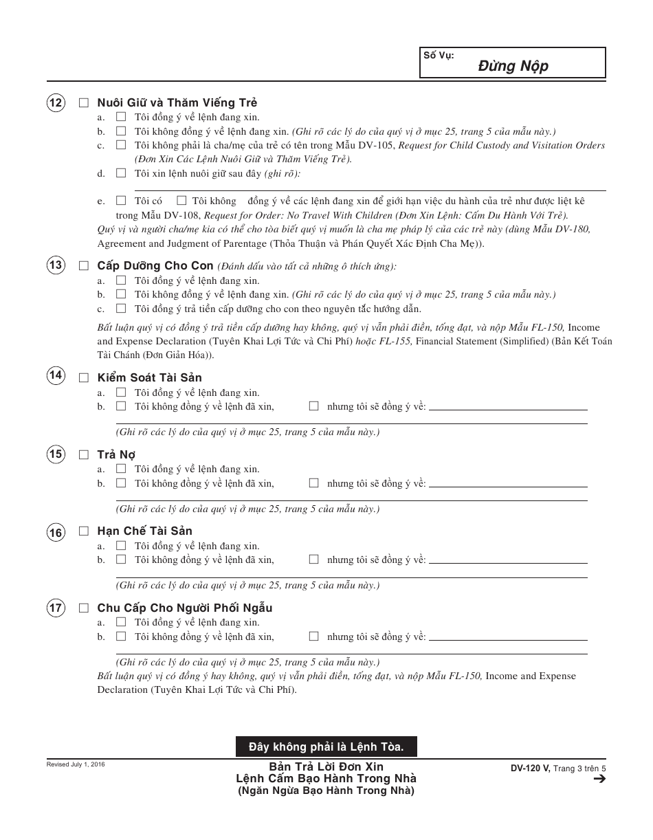 Form DV-120 V Response to Request for Domestic Violence Restraining Order - California (Vietnamese), Page 3