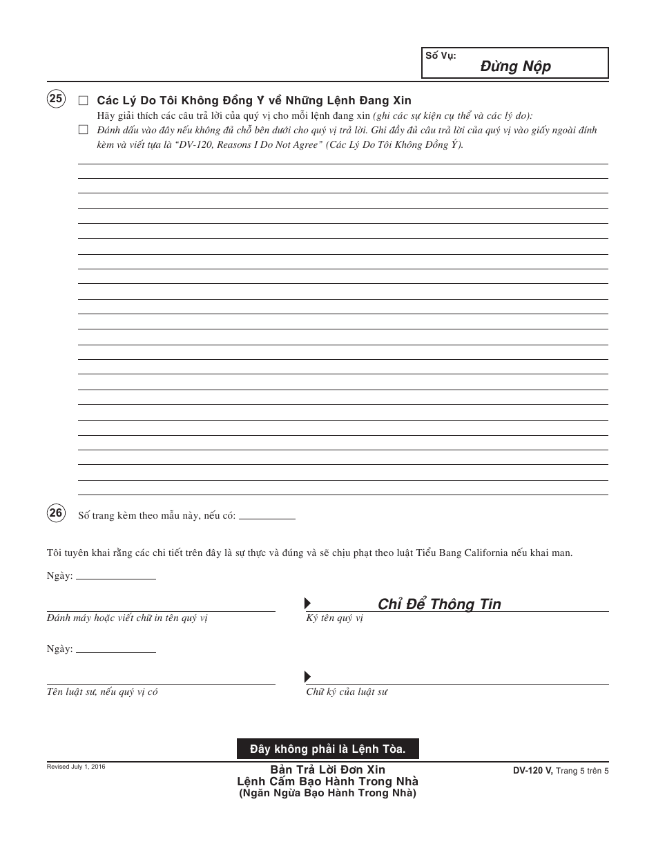 Form DV-120 V Response to Request for Domestic Violence Restraining Order - California (Vietnamese), Page 5