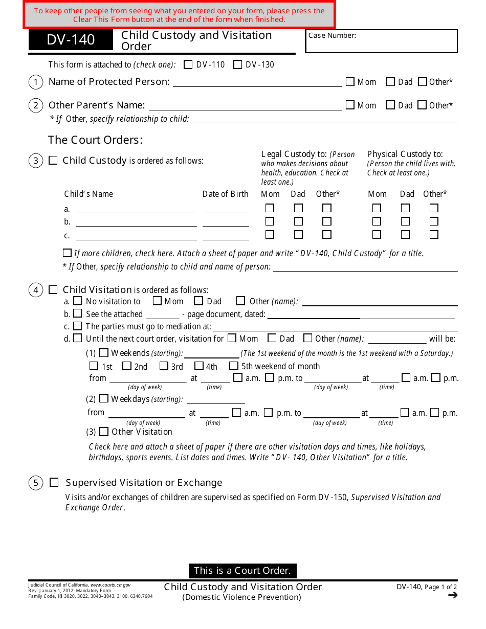 Form DV-140 Child Custody and Visitation Order - California, Page 1
