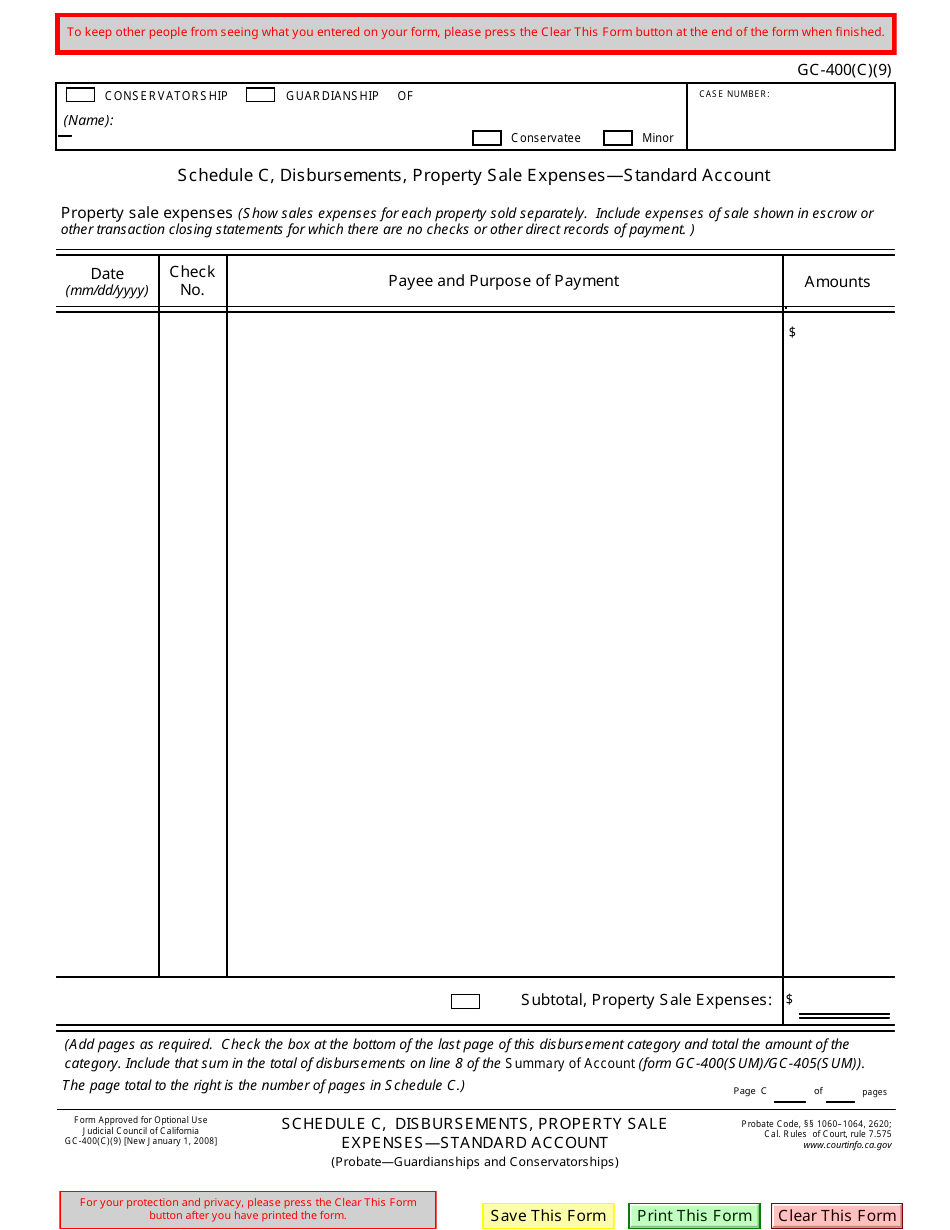 Form GC-400(C)(9) Schedule C Disbursements, Property Sale Expenses - Standard Account - California, Page 1