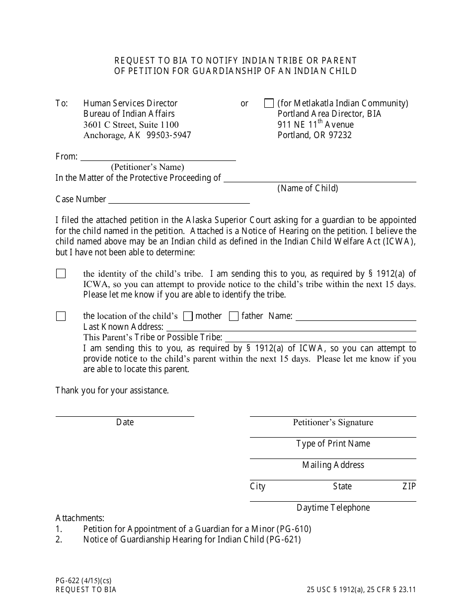 Form PG-622 Request to Bia to Notify Indian Tribe or Parent of Petition for Guardianship of an Indian Child - Alaska, Page 1