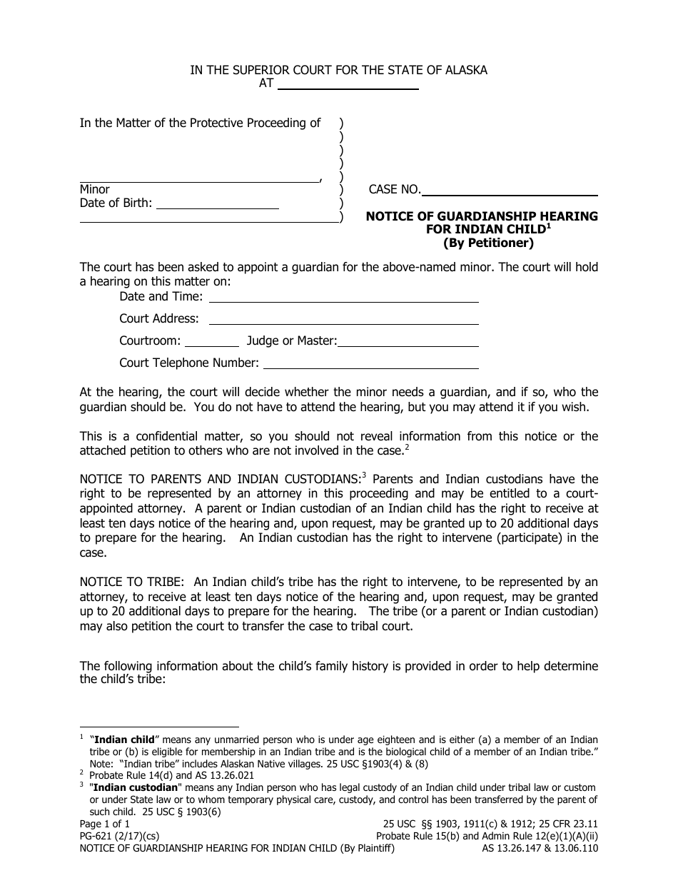Form PG-621 Notice of Guardianship Hearing for Indian Child (By Petitioner) - Alaska, Page 1