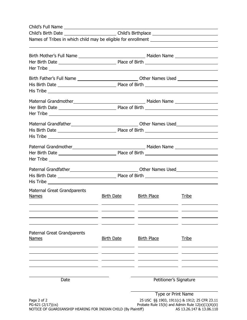Form PG-621 Notice of Guardianship Hearing for Indian Child (By Petitioner) - Alaska, Page 2