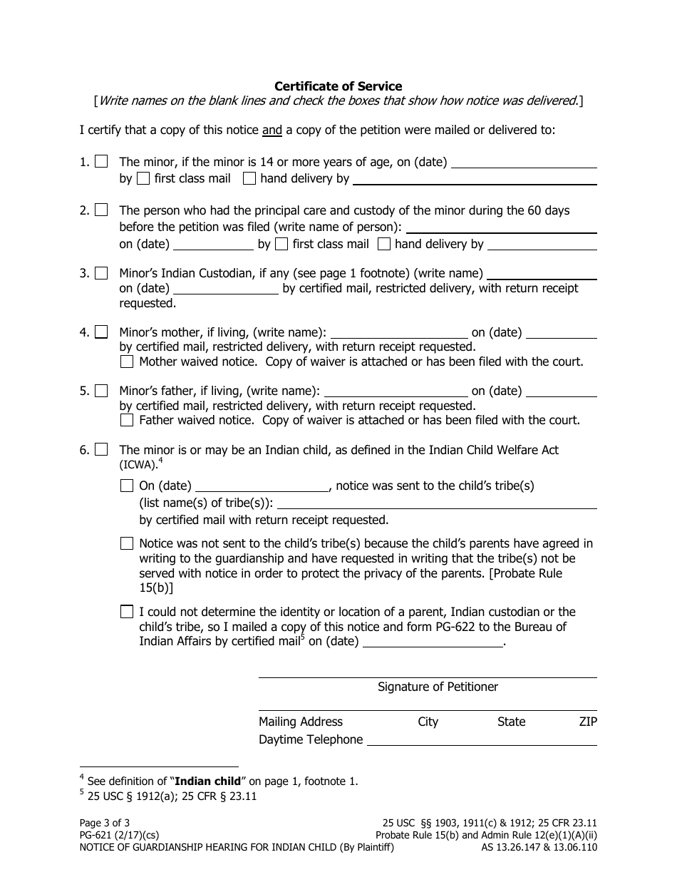 Form PG-621 Notice of Guardianship Hearing for Indian Child (By Petitioner) - Alaska, Page 3