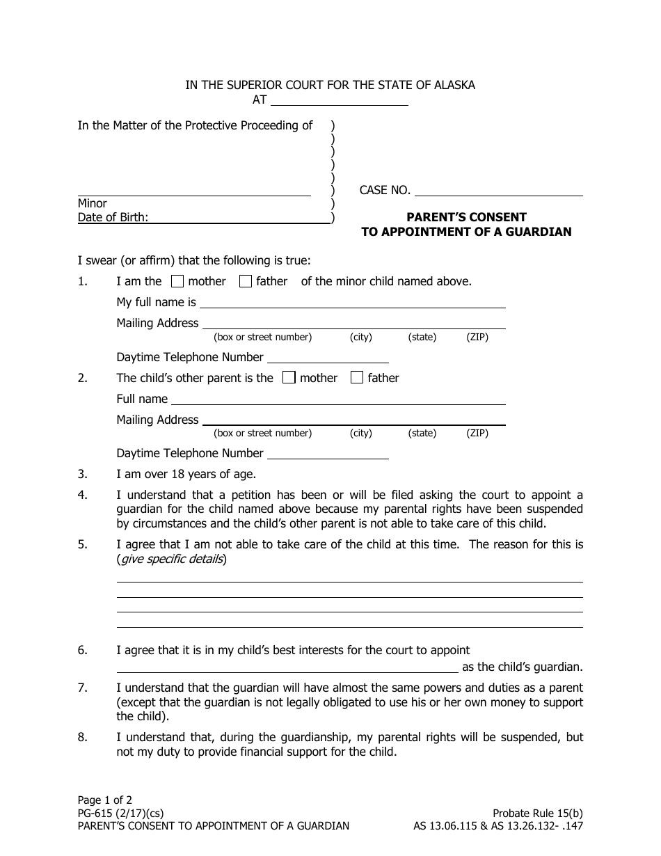 Form PG-615 Parents Consent to Appointment of a Guardian - Alaska, Page 1