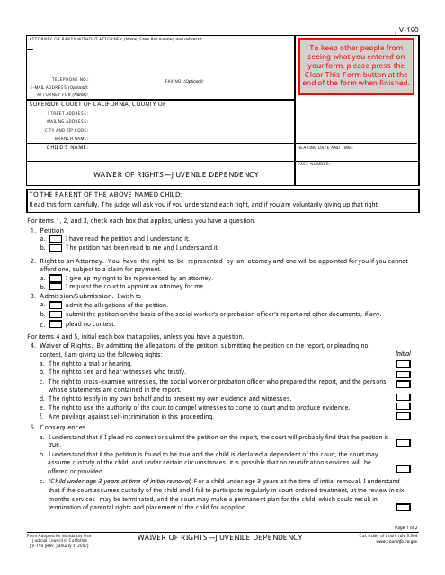Form JV-190 Waiver of Rights - Juvenile Dependency - California