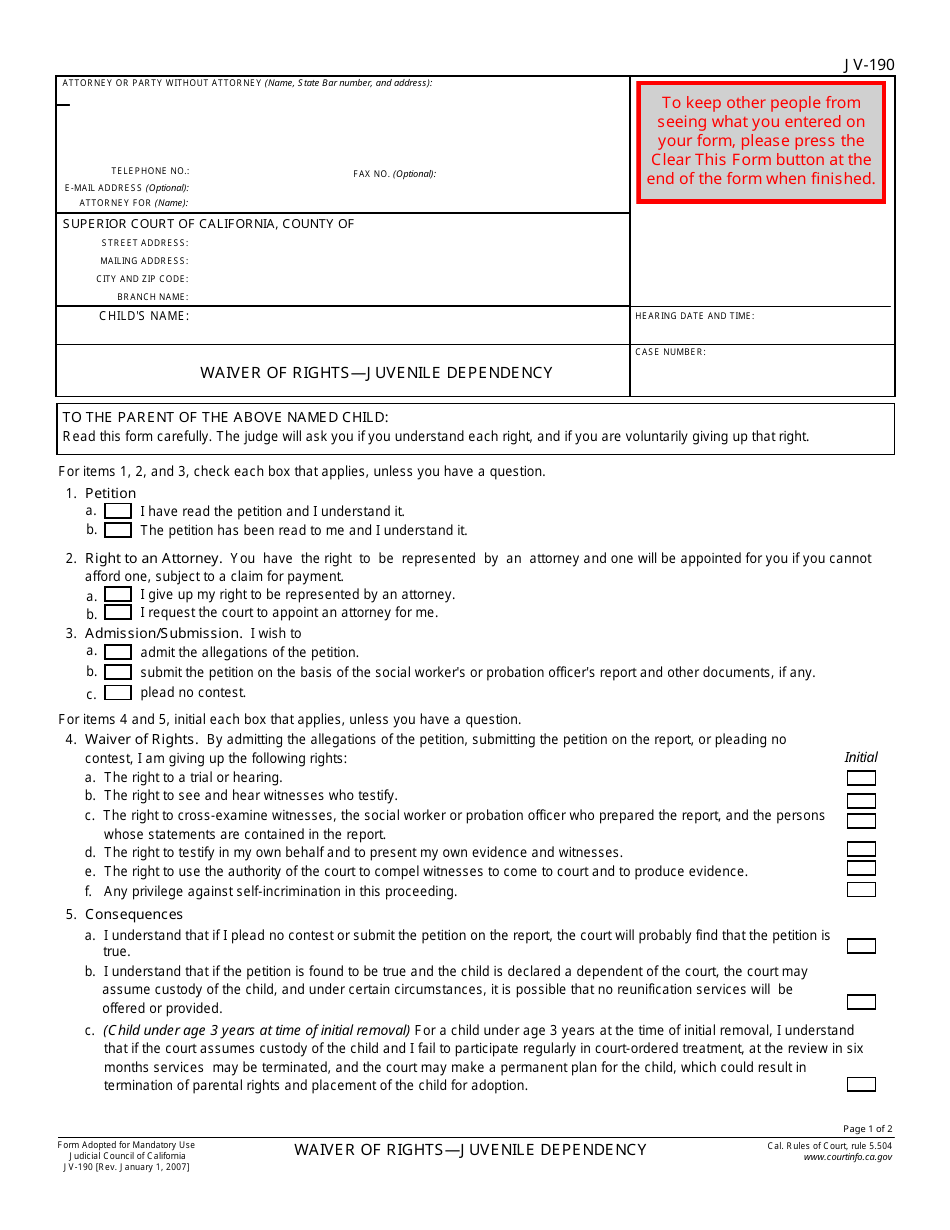 Form JV-190 Waiver of Rights - Juvenile Dependency - California, Page 1