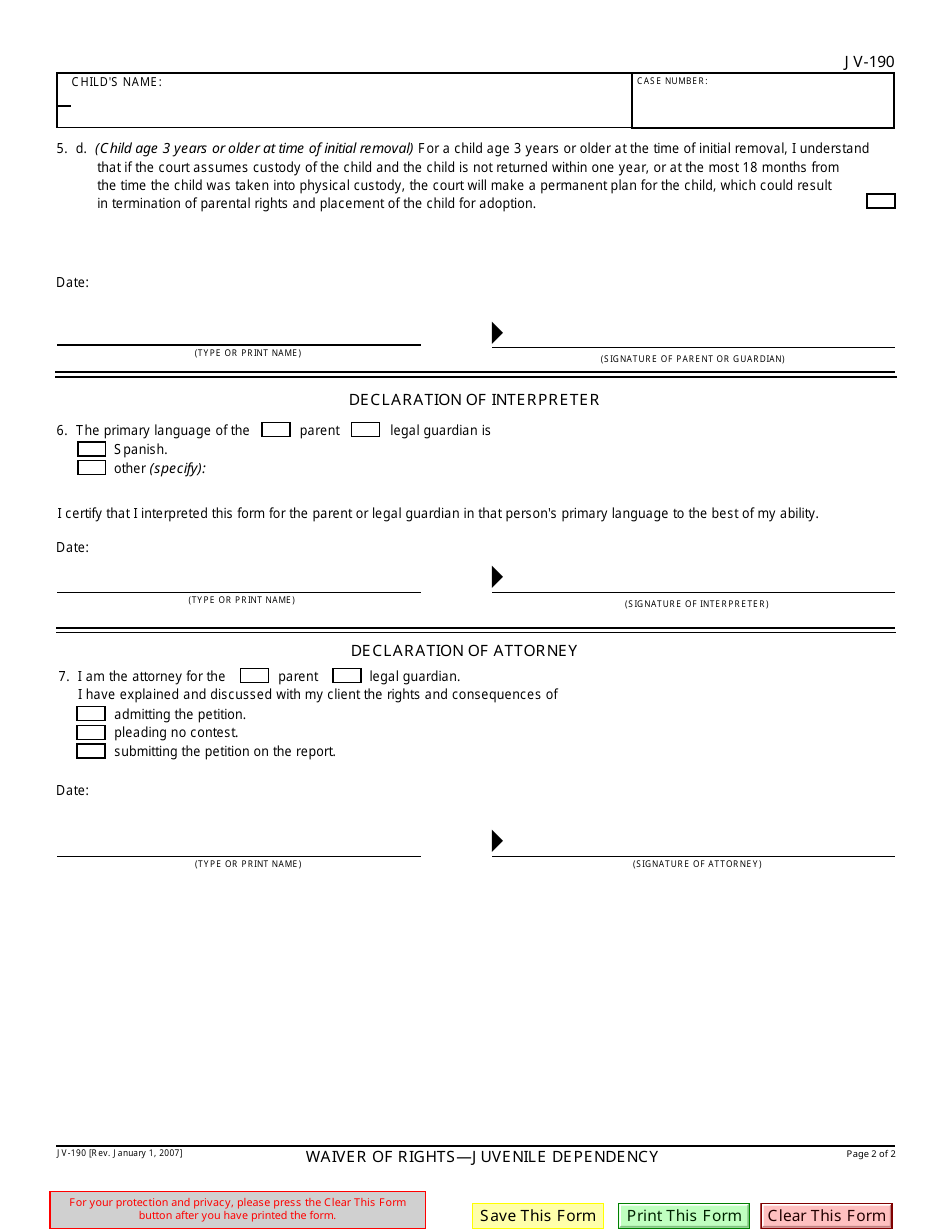 Form JV-190 Waiver of Rights - Juvenile Dependency - California, Page 2