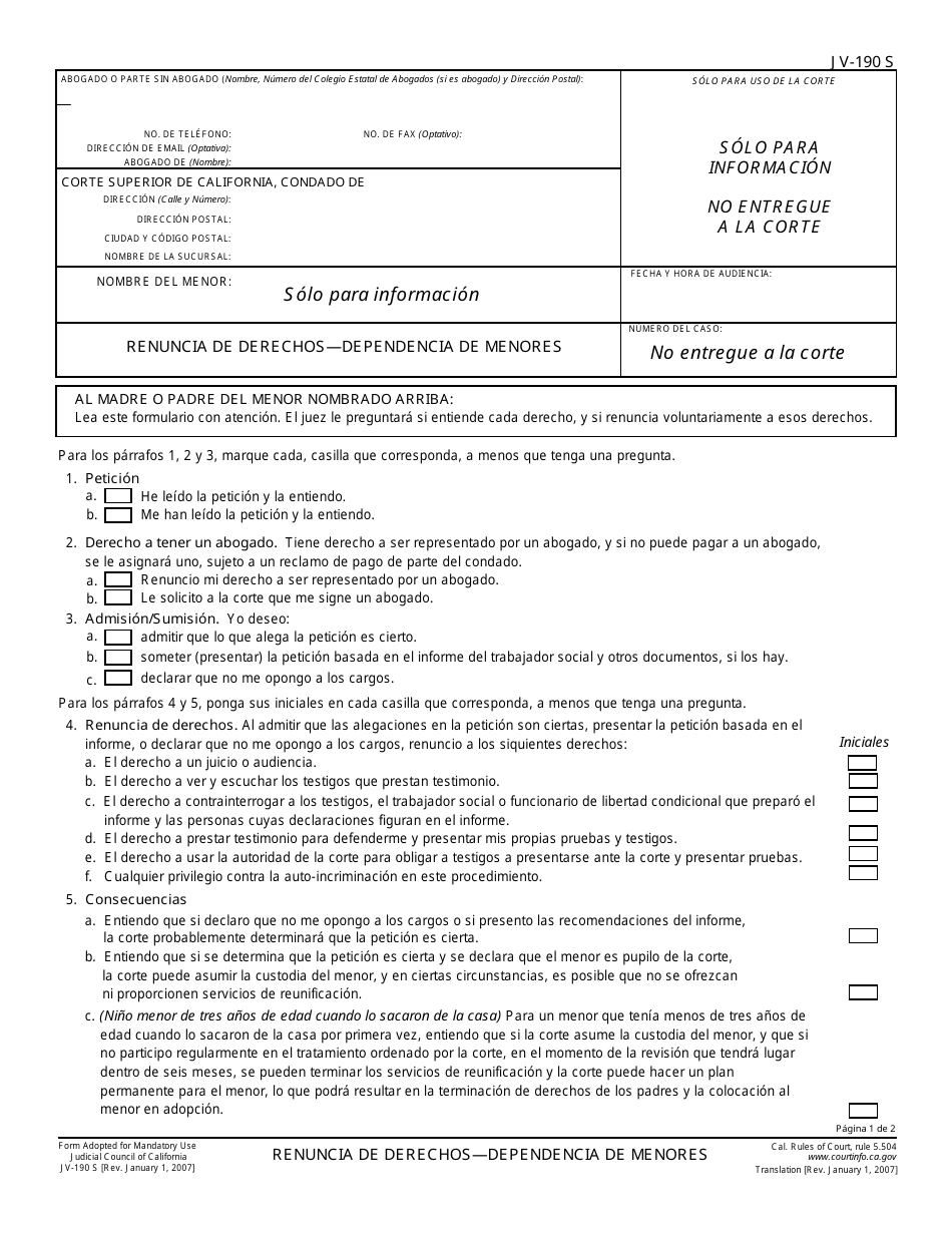 Formulario Jv 190 S Fill Out Sign Online And Download Printable Pdf California Spanish 5219