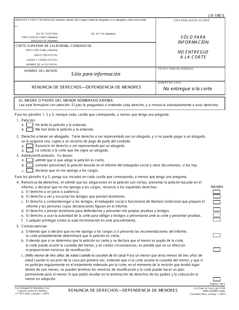 Formulario JV-190 S Renuncia De Derechos - Dependencia De Menores - California (Spanish), Page 1