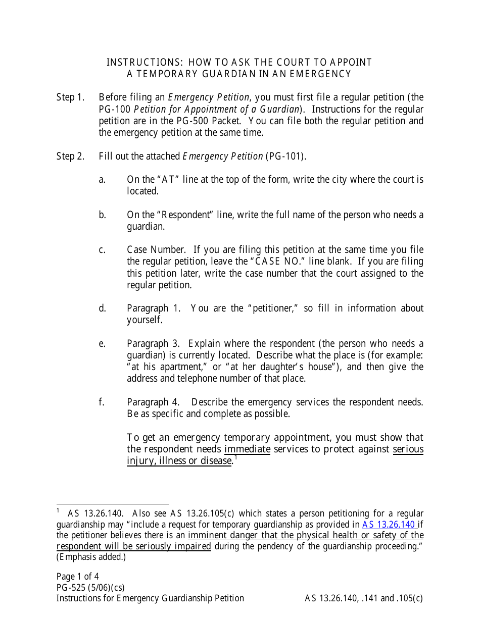 Instructions for Form PG-101 Emergency Petition for Appointment of a Temporary Guardian - Alaska, Page 1