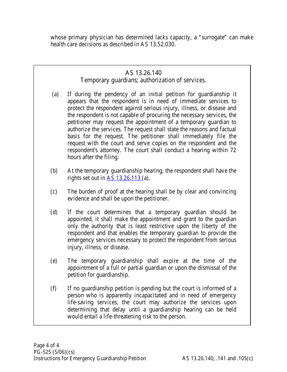 Instructions for Form PG-101 Emergency Petition for Appointment of a Temporary Guardian - Alaska, Page 4