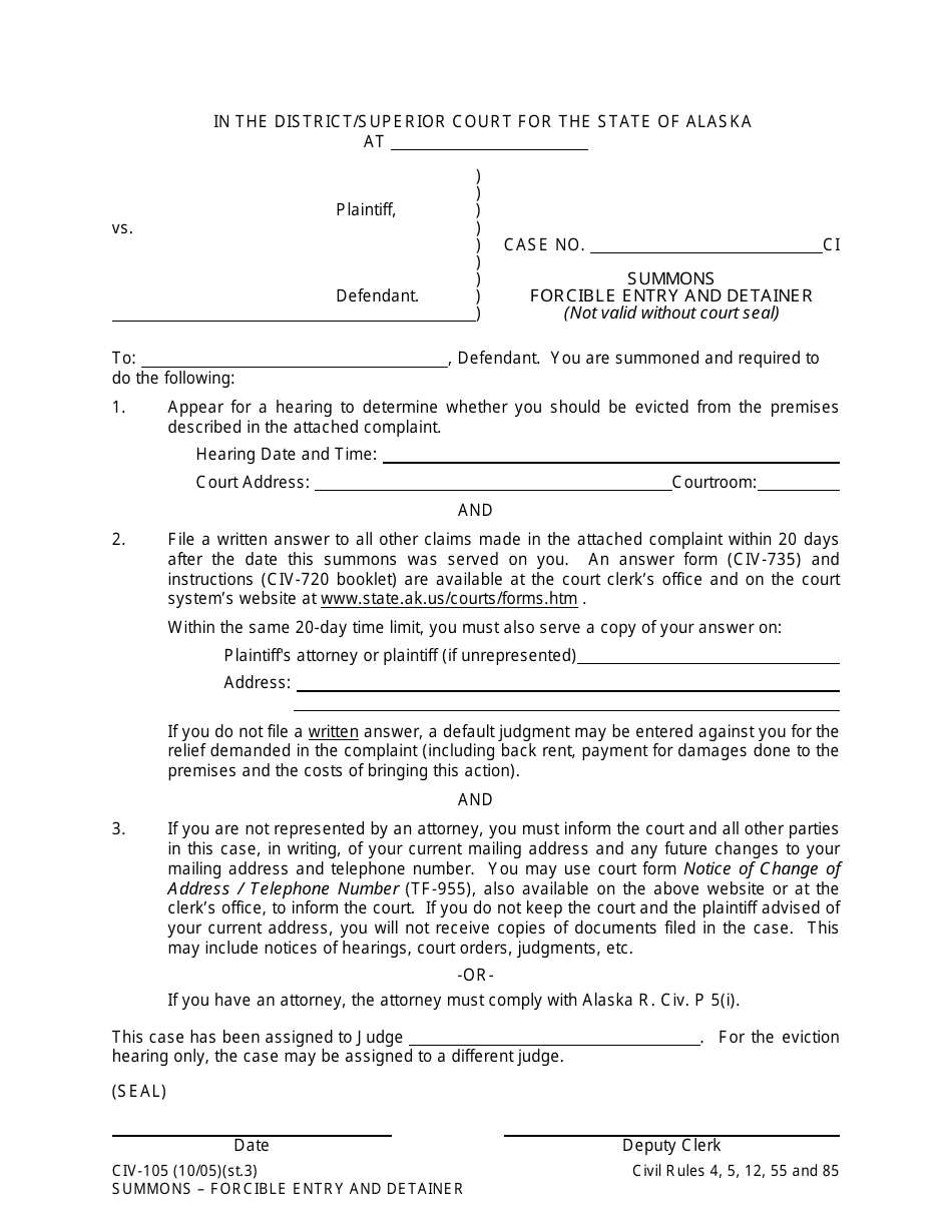 Form CIV-105 Summons - Forcible Entry and Detainer - Alaska, Page 1