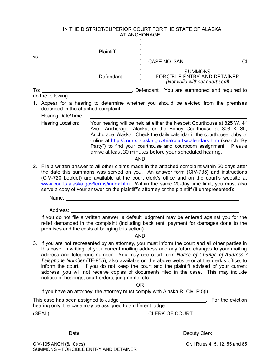 Form CIV-105 Summons Forcible Entry and Detainer - Anchorage, Alaska, Page 1