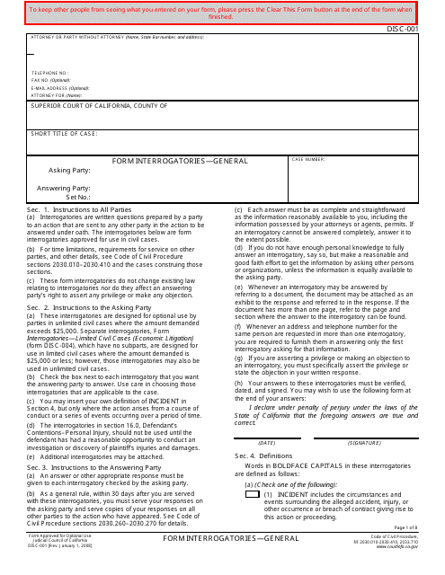 Form DISC-001 Form Interrogatories - General - California