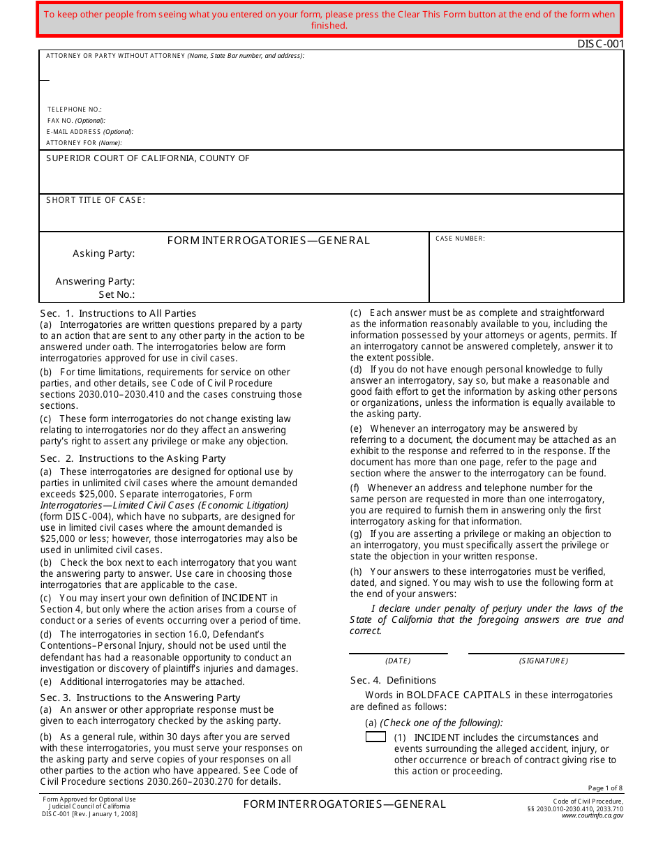 Form DISC-001 Form Interrogatories - General - California, Page 1