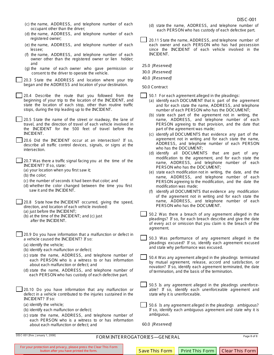 Form DISC-001 Form Interrogatories - General - California, Page 8