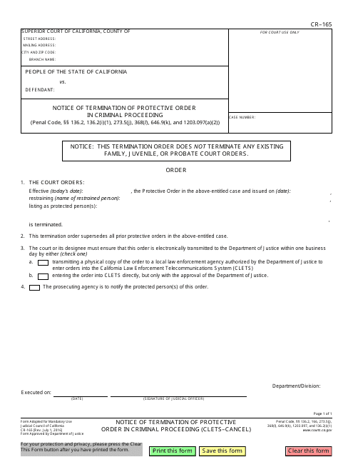 Form CR-165 Notice of Termination of Protective Order in Criminal Proceeding (Clets-Cancel) - California