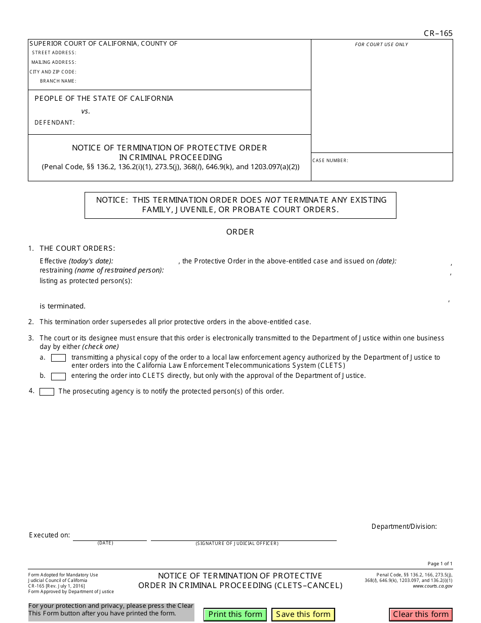 Form CR-165 Notice of Termination of Protective Order in Criminal Proceeding (Clets-Cancel) - California, Page 1