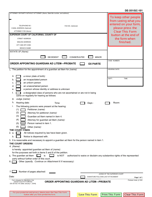 Form DE-351 (GC-101)  Printable Pdf