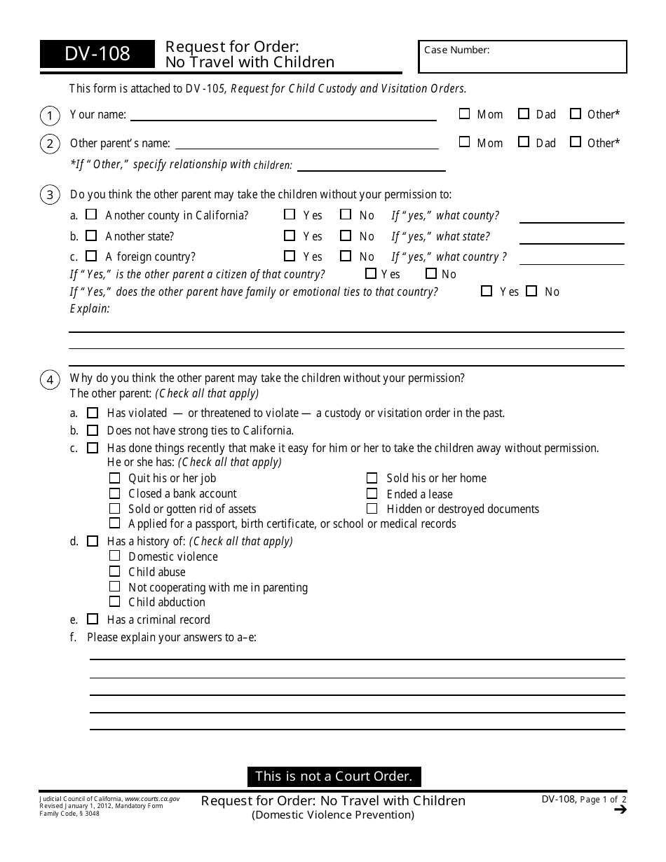 Form DV-108 Request for Order: No Travel With Children - California, Page 1