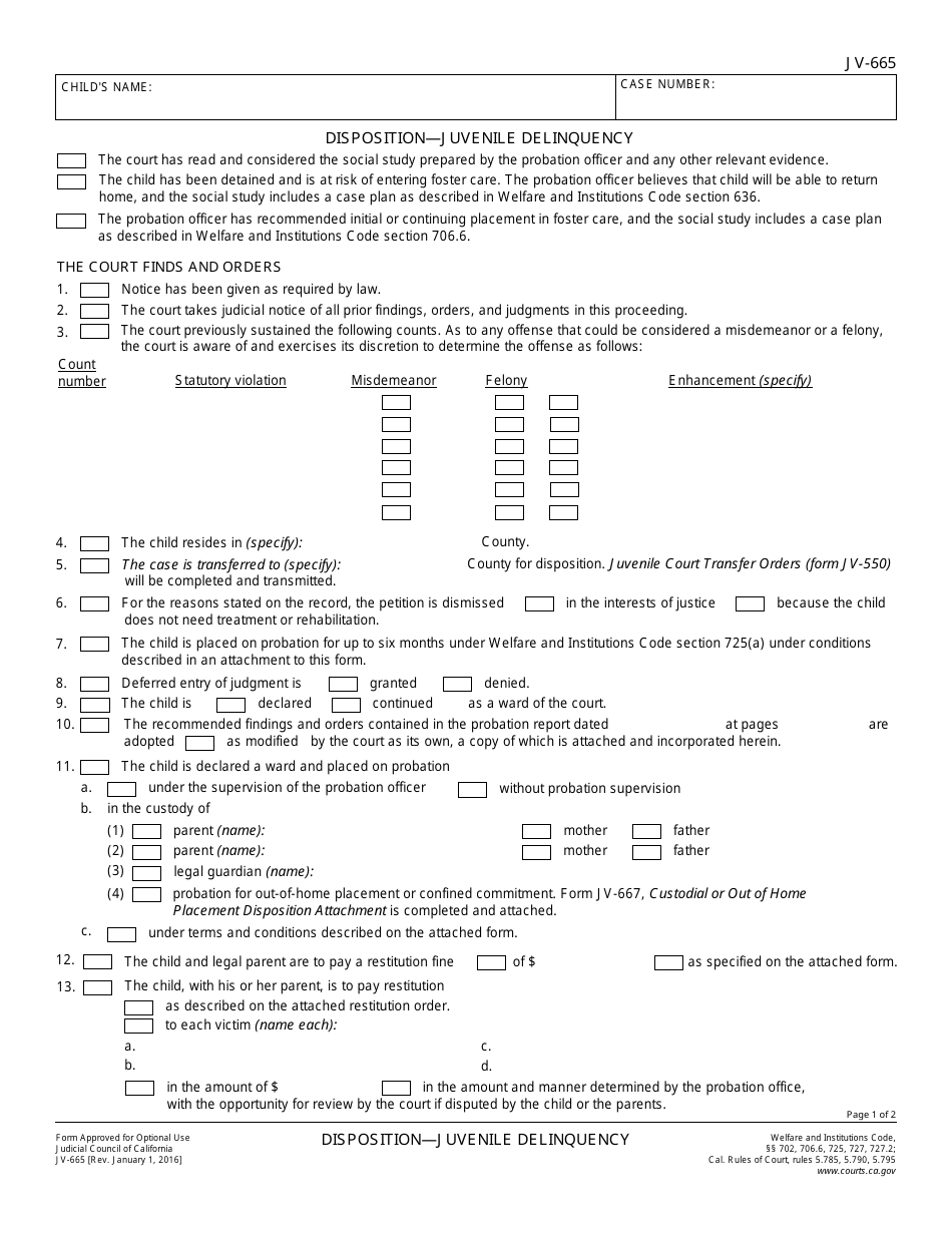 Form JV-665 Disposition - Juvenile Delinquency - California, Page 1