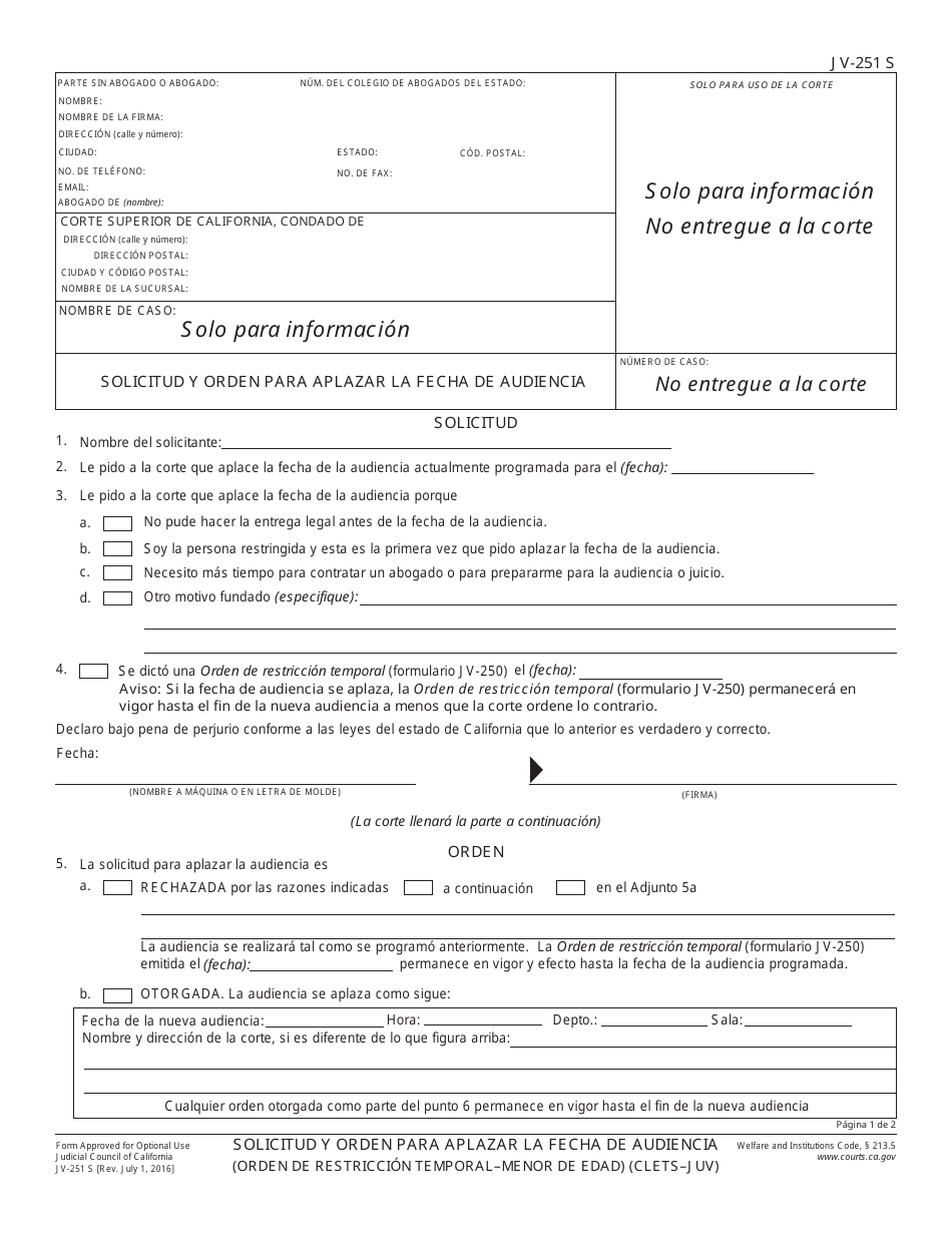 Formulario JV-251 S Solicitud Y Orden Para Aplazar La Fecha De Audiencia - California (Spanish), Page 1