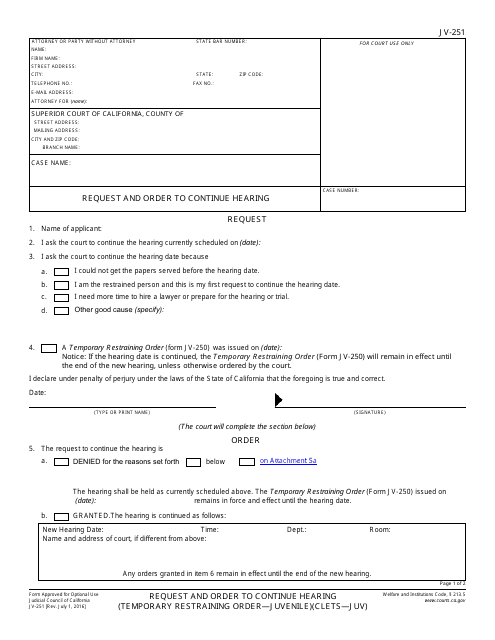 Form JV-251 Request and Order to Continue Hearing - California