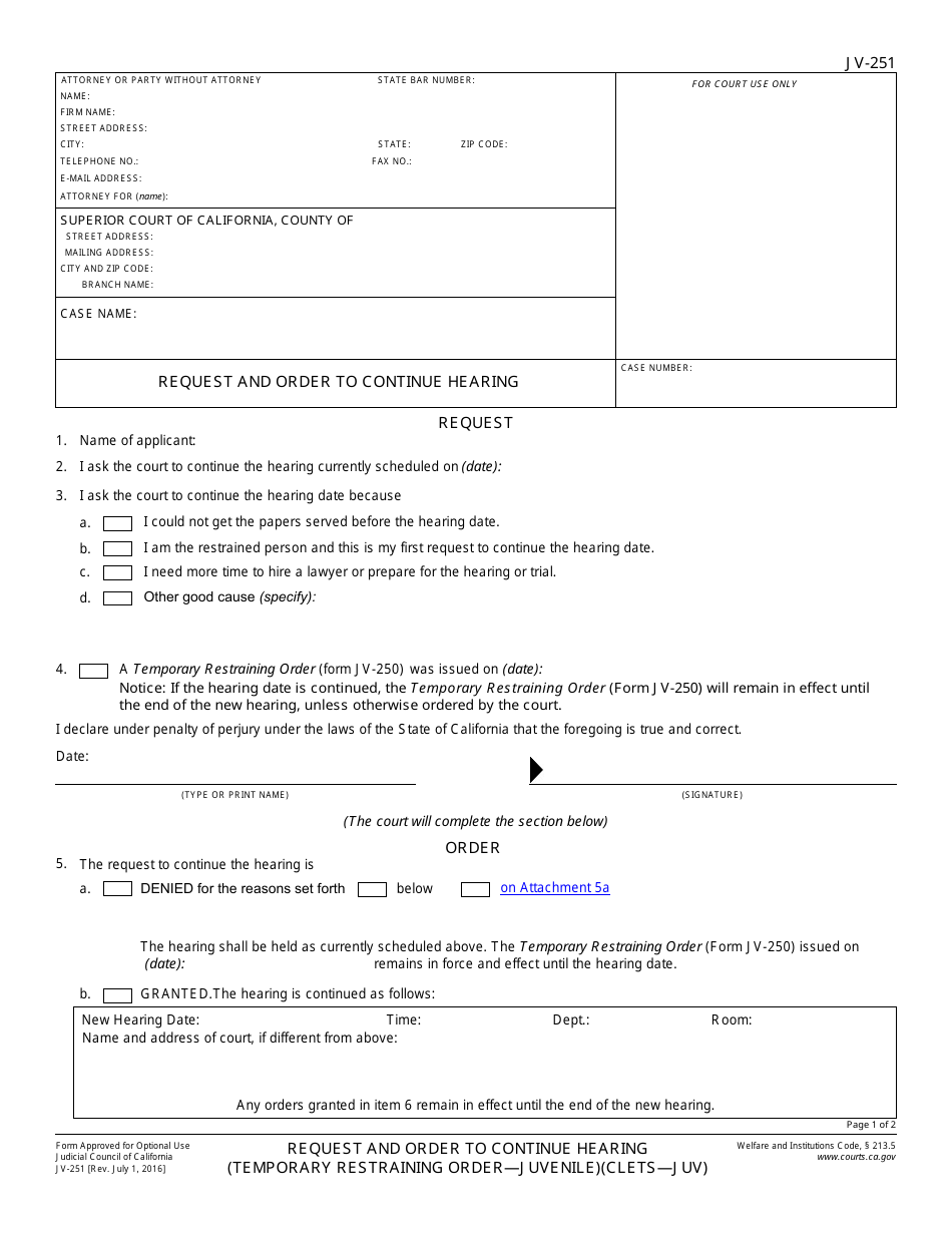 Form JV-251 Request and Order to Continue Hearing - California, Page 1