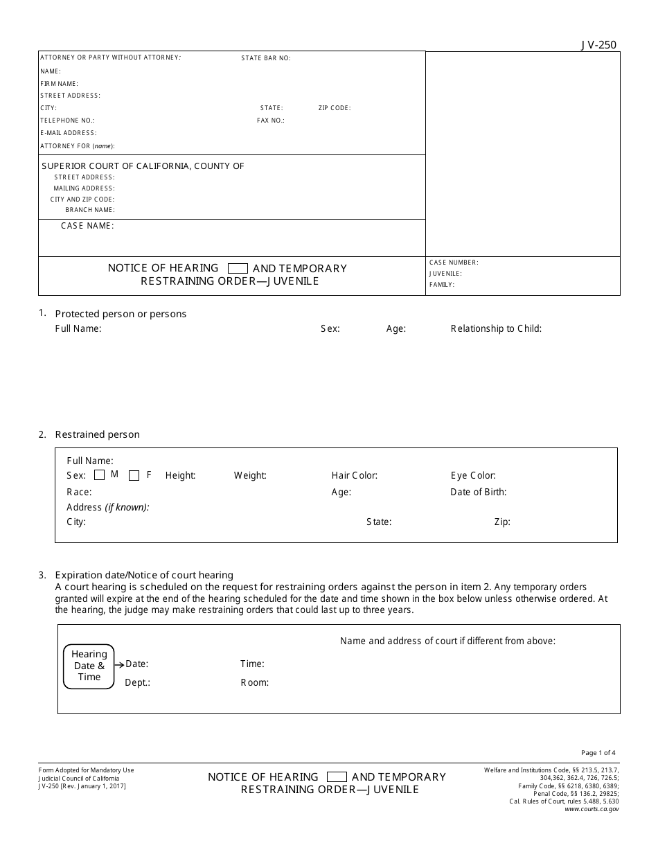 Form JV-250 Notice of Hearing and Temporary Restraining Order - Juvenile - California, Page 1