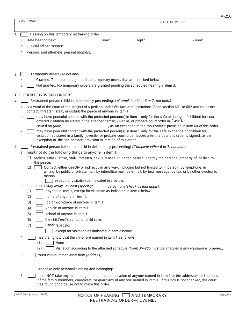 Form JV-250 Notice of Hearing and Temporary Restraining Order - Juvenile - California, Page 2