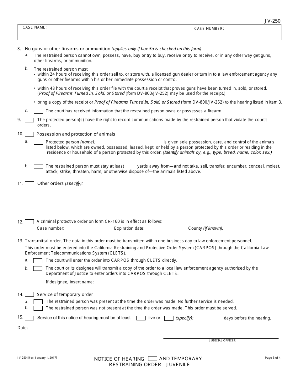 Form JV-250 Notice of Hearing and Temporary Restraining Order - Juvenile - California, Page 3